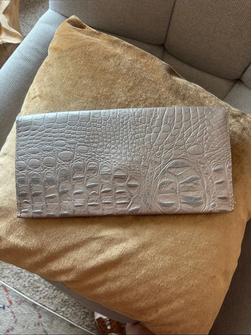 Satchel. Savannah Leather Crocodile Embossed Metallic Clutch Bag Suede Lined